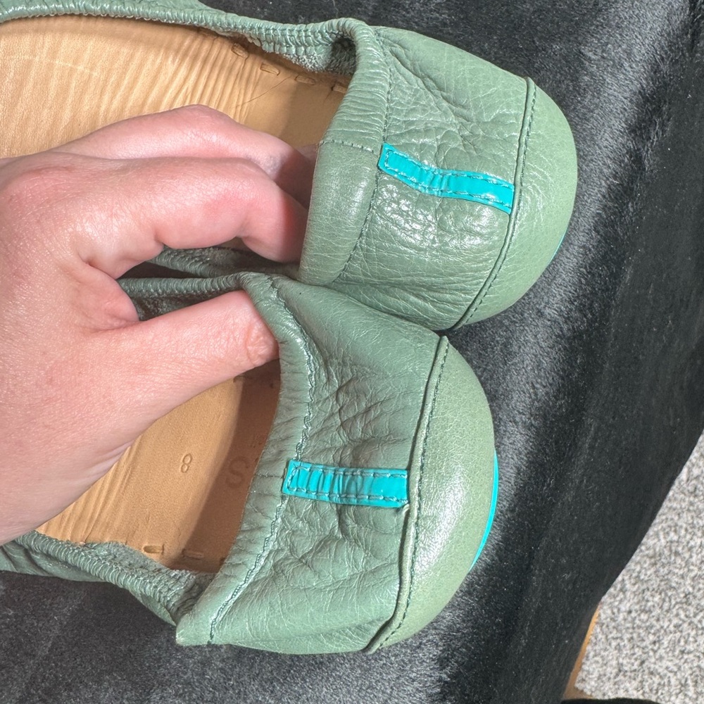Tieks Women's Leather Ballet Flats in Sage Green with Teal Trim - Picture 10 of 10